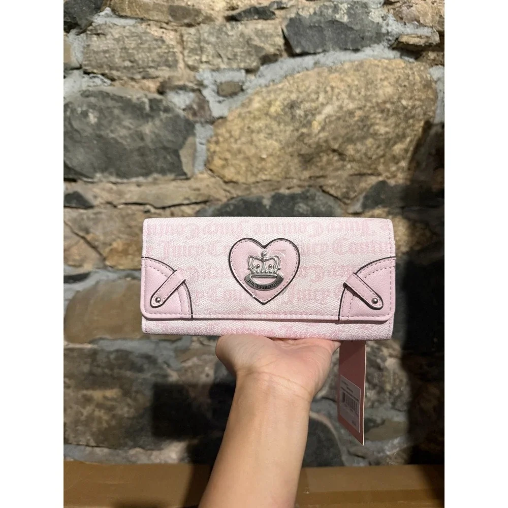 Juicy Couture Her Majesty Single Gusset Flap Clutch Wallet Chiffon Pink NEW